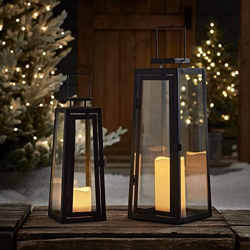 Lights4fun Set of 2 Outdoor Garden Solar Powered Black Metal Decorative TruGlow® LED Candle Lanterns Lights IP44 Waterproof