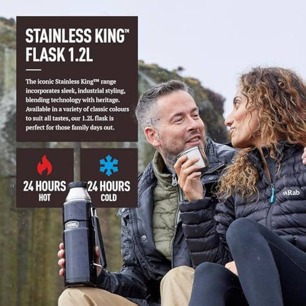 Thermos - Stainless King Matt Black Travel Flask (1.2L) Premium Leak Proof Insulated Tea & Coffee Flask for Hot & Cold Drinks, Built-in Cup, Twist-Pour Stopper, BPA-Free, Durable Steel Dishwasher Safe