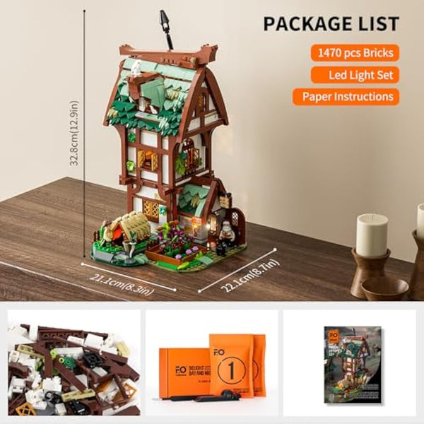 FUNWHOLE Medieval Apothecary Shop Building-Bricks Set with LED Lights, 1470 Pcs Middle Age Town Construction Toy Building Model Set for Adults and Teen