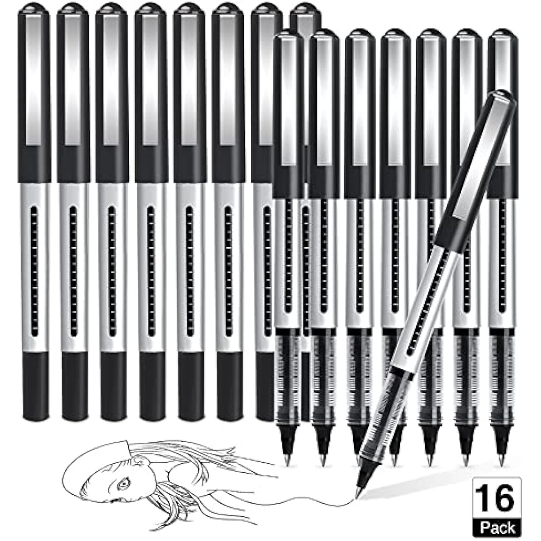 AKARUED Rollerball Pens 16 Pack Black Gel Pens, 0.5mm Liquid Ink Quick-Drying Ballpoint Pens Writing Pens for Bullet Journal, Notebook. School & Office Supplies for Students Adults