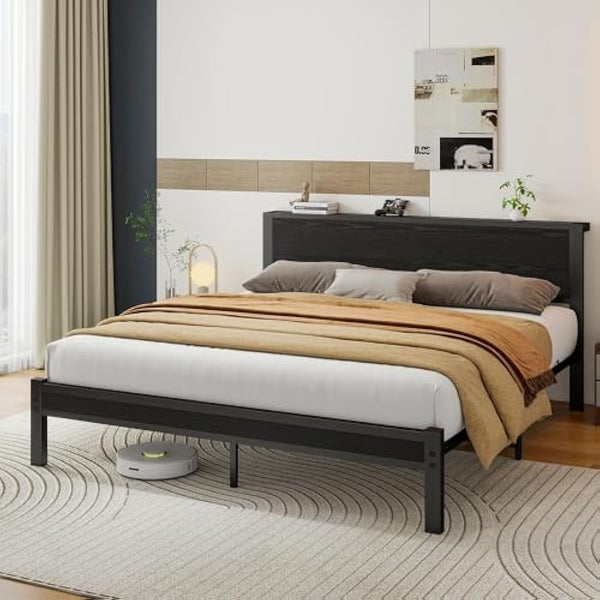 DUMEE King Size Bed Frame with Wooden Storage Headboard, Metal Bed Frame King Size Bed Base/Mattress Foundation, Enhanced Support Noise Free, Black