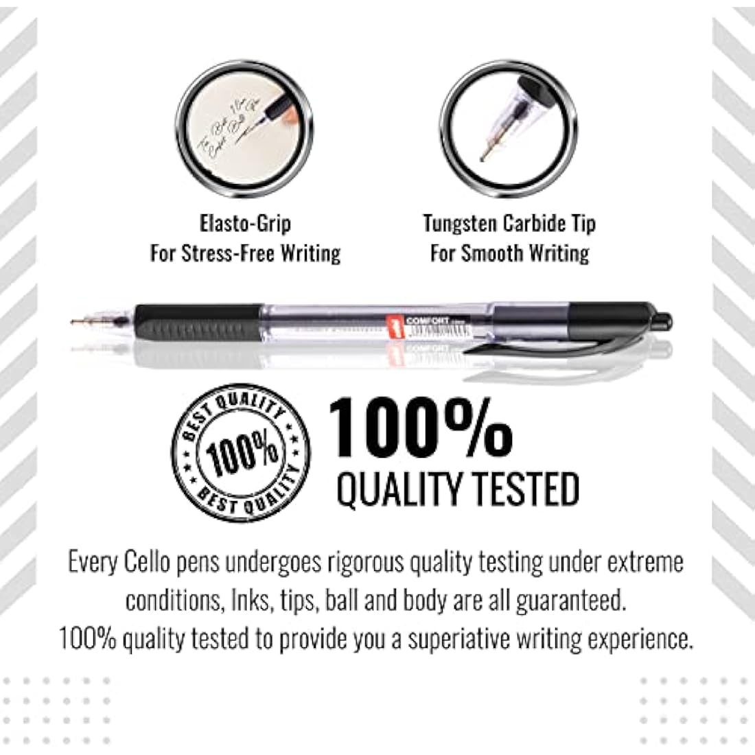 Cello Comfort Ballpoint Pens - Premium Retractable Biro Pens with Ergonomic Grip, Medium Point 1.0mm, Black Ink, Pack of 12 - Ideal for Office, School & Home Writing