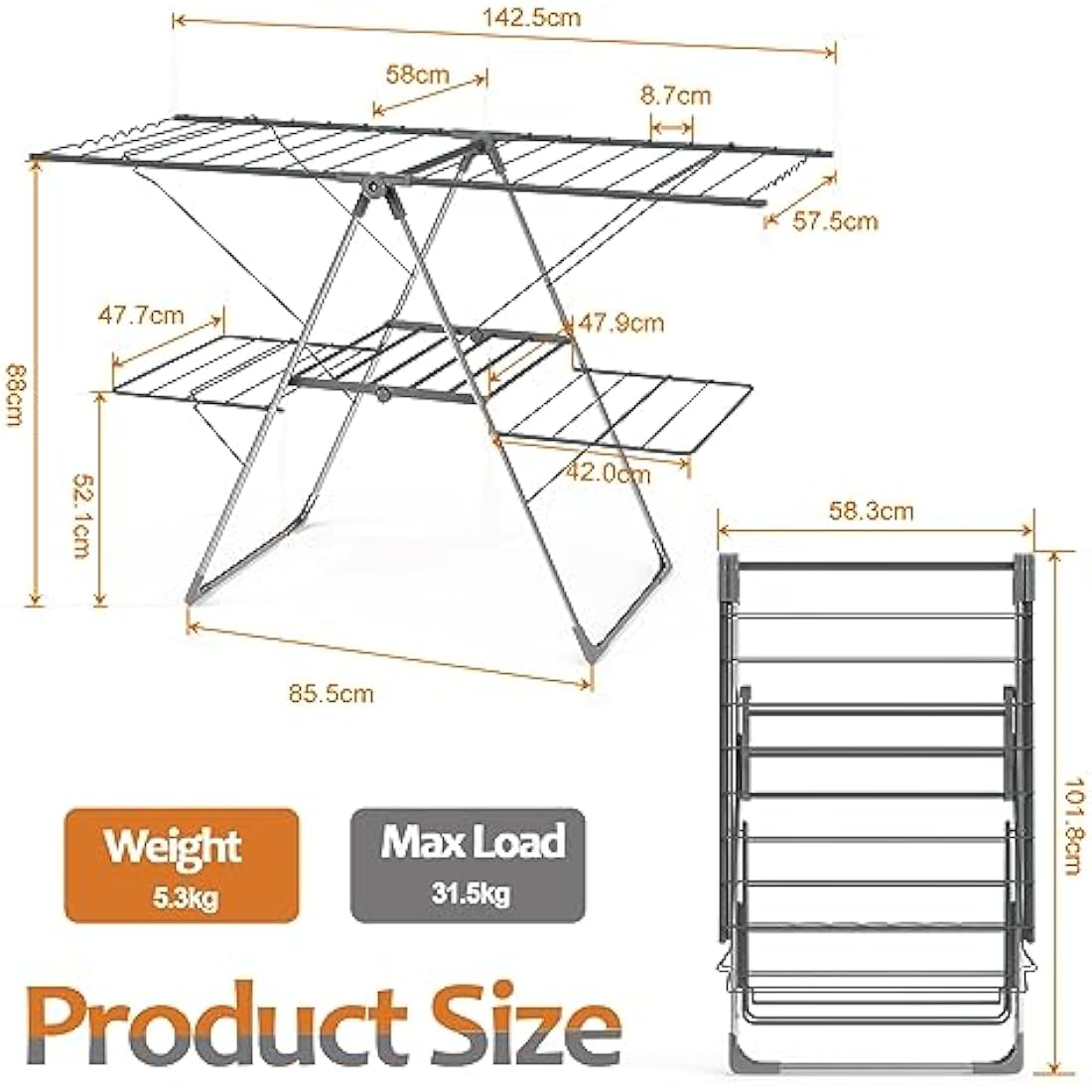 Innotic Clothes Airer with 33 bars, 2-Level Foldable Clothes Drying Rack Indoor Outdoor, Stainless Steel Large Clothes Horse, 6 Height-Adjustable Laundry Drying Rack (Grey)