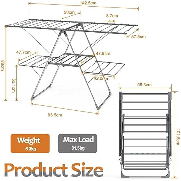 Innotic Clothes Airer with 33 bars, 2-Level Foldable Clothes Drying Rack Indoor Outdoor, Stainless Steel Large Clothes Horse, 6 Height-Adjustable Laundry Drying Rack (Grey)