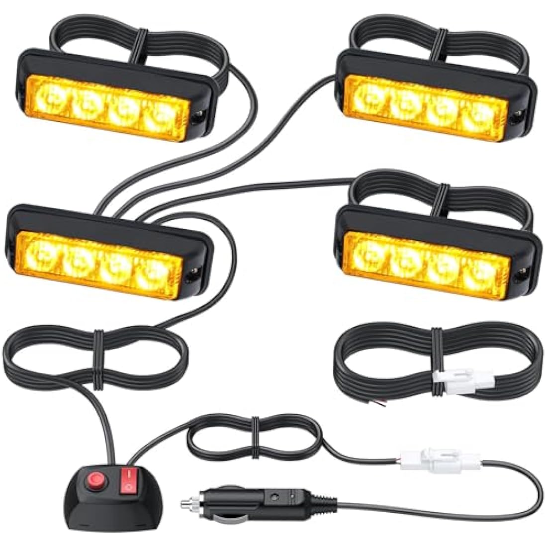 EYPINS 4W Amber Strobe Beacon Light - 4 LED, 18 Flash Modes, Double Switch, 12/24V with 3M Cigarette Lighter Cable - Emergency Hazard Warning Light for Trucks, Snow Plows, Rooftop Vehicles