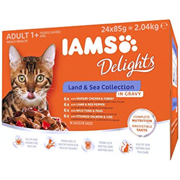 IAMS Delights Complete Wet Cat Food for Adult 1+ Cats Meat and Fish Variety in Gravy Multipack 24 x 85 g Pouches