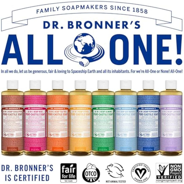 Dr Bronner's 18-in-1 Almond Pure-Castile Liquid Soap, Made with Organic Oils, Used for Face, Body, Hair, Laundry, Pets and Dishes, Certified Fair Trade & Vegan Friendly, 473ml Recycled Bottle