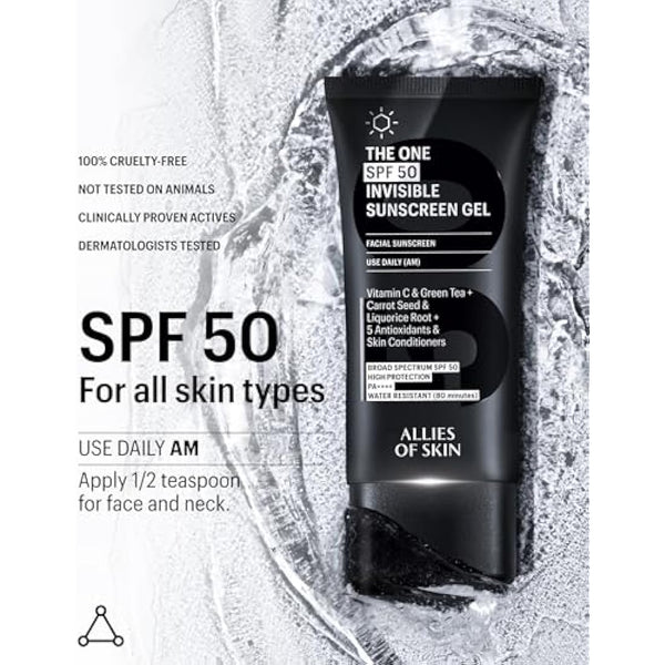 Allies of Skin - The One SPF 50 Invisible Sunscreen Gel with Vitamin C, Green Tea, Carrot Seed, Red Raspberry Seed Oil & Licorice Root, and 5 Antioxidants & Skin Conditioners. 50 ml/ 1.7 oz