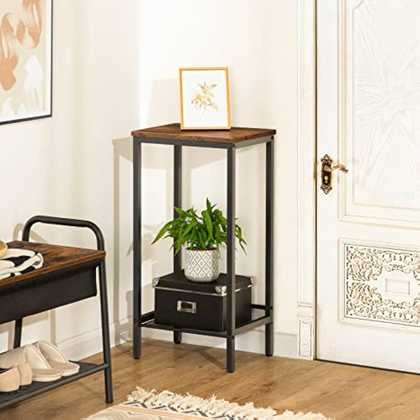 HOOBRO Tall Side Table, Industrial Telephone Table, Narrow Bedside Table with Adjustable Mesh Shelf, 2-Tier Small Coffee Table for Hallway, Living Room, Nightstand, Rustic Brown and Black EBF03DH01