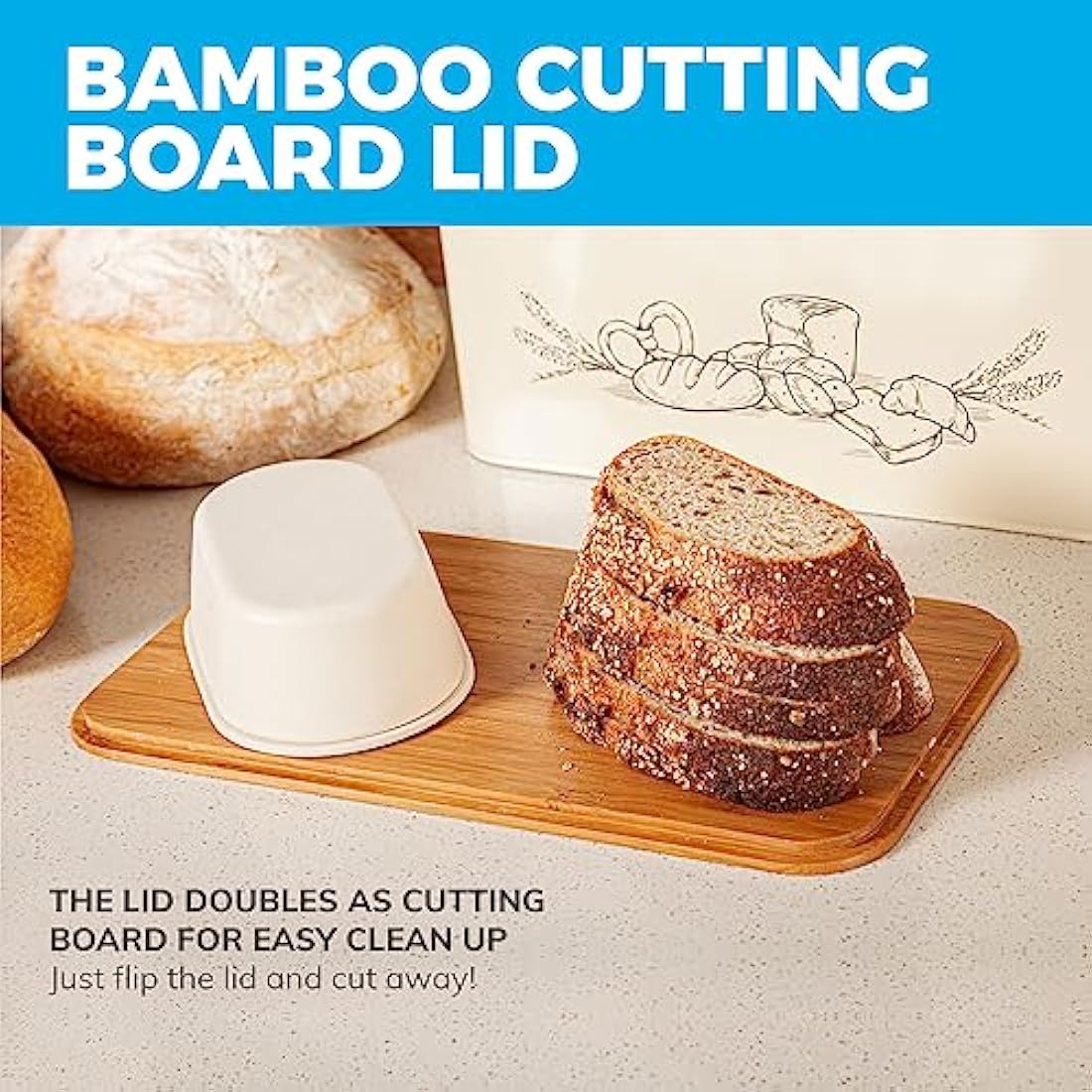 Extra Large Space Saving Vertical Cream Bread Bin with Eco Bamboo Cutting Board Lid - Holds 2 Loaves - White Extra Large Farmhouse Bread Bins for Kitchen Bread Storage Box