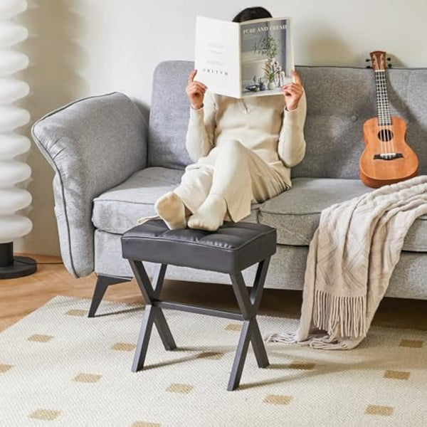 IBUYKE Square Makeup Stool with X-Leg Foot Rest, PU Footrest Stool, Ottoman Seat Vanity Stool, Multi-Use as Small Side Table, for Bedroom, Living Room, Black L/G-71B