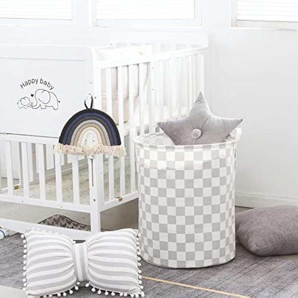 Sea Team 19.7 Inch Large Sized Waterproof Coating Ramie Cotton Fabric Folding Laundry Hamper Bucket Cylindric Burlap Canvas Storage Basket with Stylish Grid Grey Design