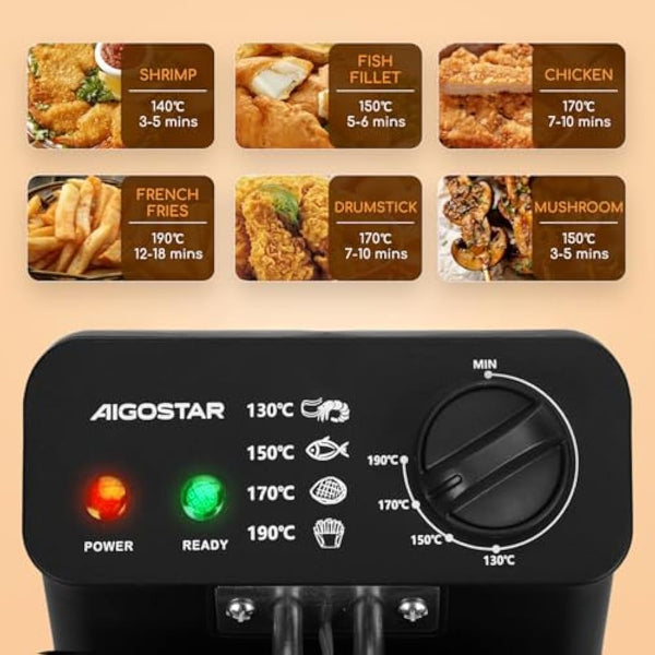 Aigostar Deep Fat Fryer 2200W, 3 Litre Deep Fryer Easy Clean, with Viewing Window, Stainless Steel, Temperature Control, Removable Oil Basket, Silver - Ushas 30JPN