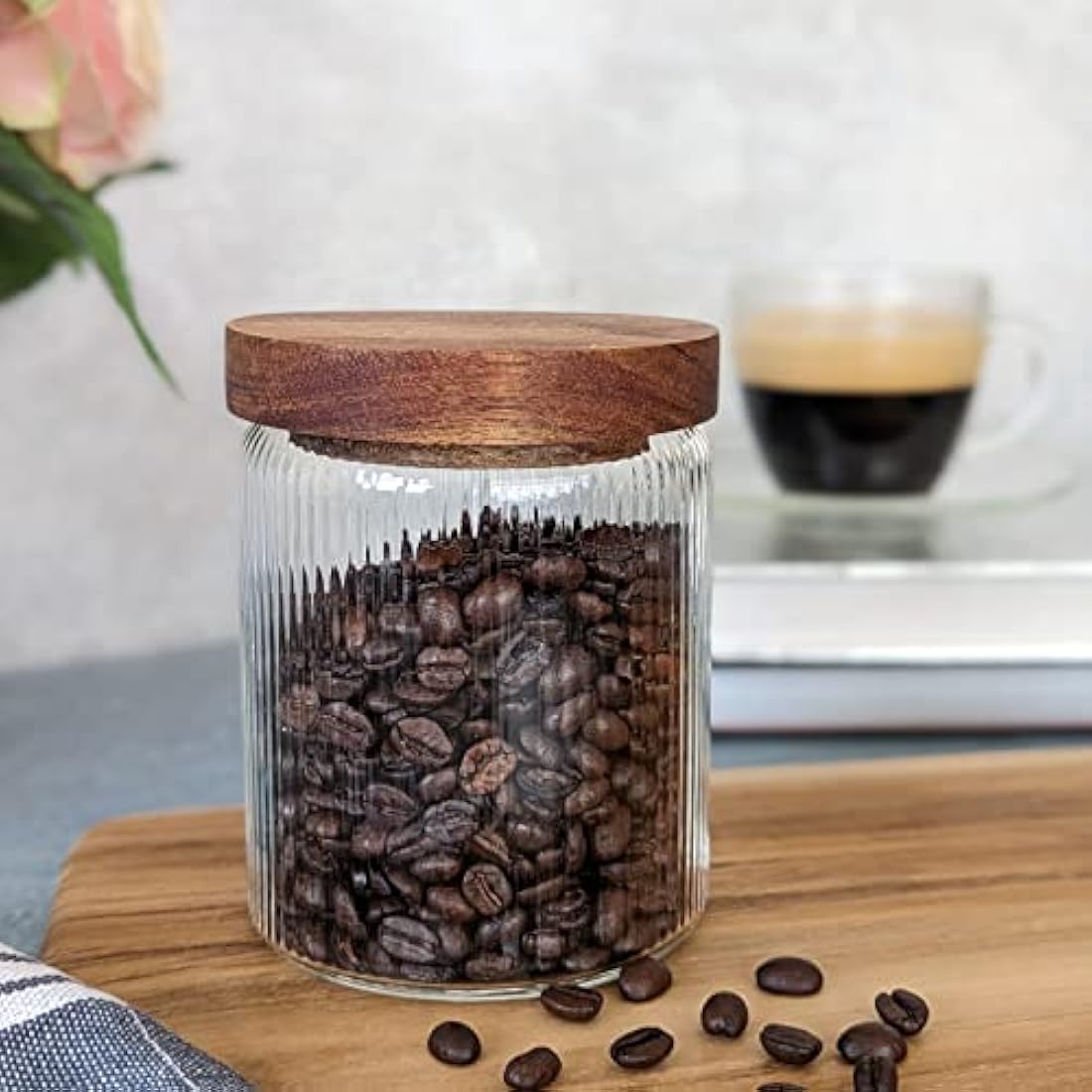 Mason & Fable Ribbed Glass Jar with Wooden Lid 500ml set of 3 | Airtight Glass Storage Canister for Food, Pasta, Coffee, Dog Treats, Snacks | Container for Home & Kitchen