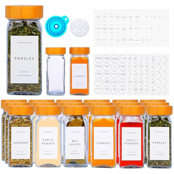 Fix Space 24PCS Bamboo Glass Spice Jars With Lids And Labels - Square Glass Jars With Bamboo Lids - Waterproof Labels Stickers For Herbs, Spices & Seasoning - Kitchen Storage & Organisation