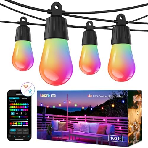 Lepro ZB1 AI Garden Outdoor Lights Mains Powered, 30m 100ft Smart Outdoor String Lights Waterproof, Warm White & RGB Christmas Decorations, AI Lighting Design Assistant, Works with Alexa, 2.4G WiFi
