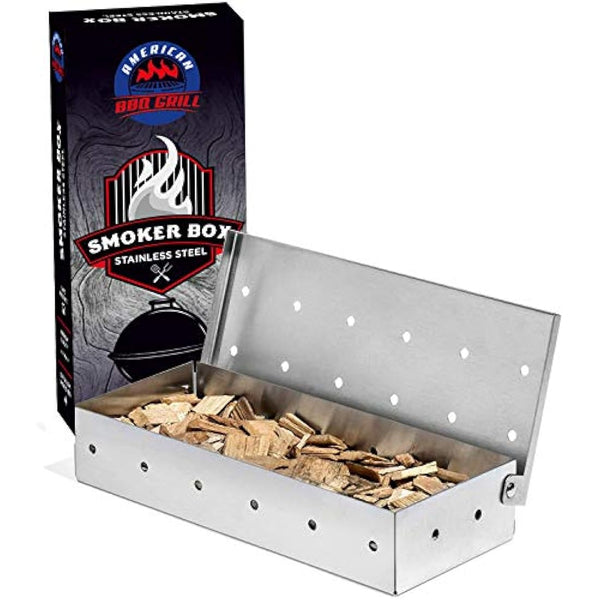 American BBQ Grill Smoker Box - For Smoking Wood Chips and Woodchips - Heavy Duty Stainless Steel - Smoky Flavor Grilled Meat and Fish - For Gas and Charcoal Grill - Perfect Smokebox Gift for Him