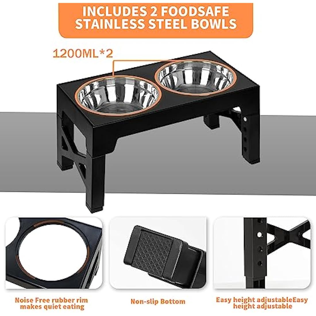 FOREYY Adjustable Elevated Dog Bowls with 2 Stainless Steel Bowls and 1 Slow Bowl, Raised Dog Bowl 5 Heights, Non-Slip Dog Food water Bowl Stand for Small Medium Large Dogs(Gary)