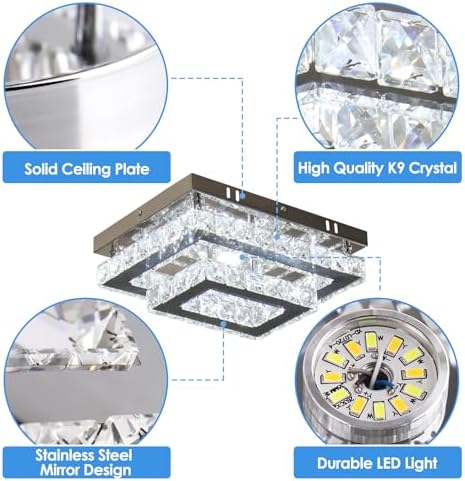 Finktonglan Crystal LED Ceiling Light Modern Rectangular Ceiling Lamp K9 Stainless Steel Flush Mount Chandelier Ceiling Lights Fixture for Living Room Bedroom Dining Room(Dimmable)
