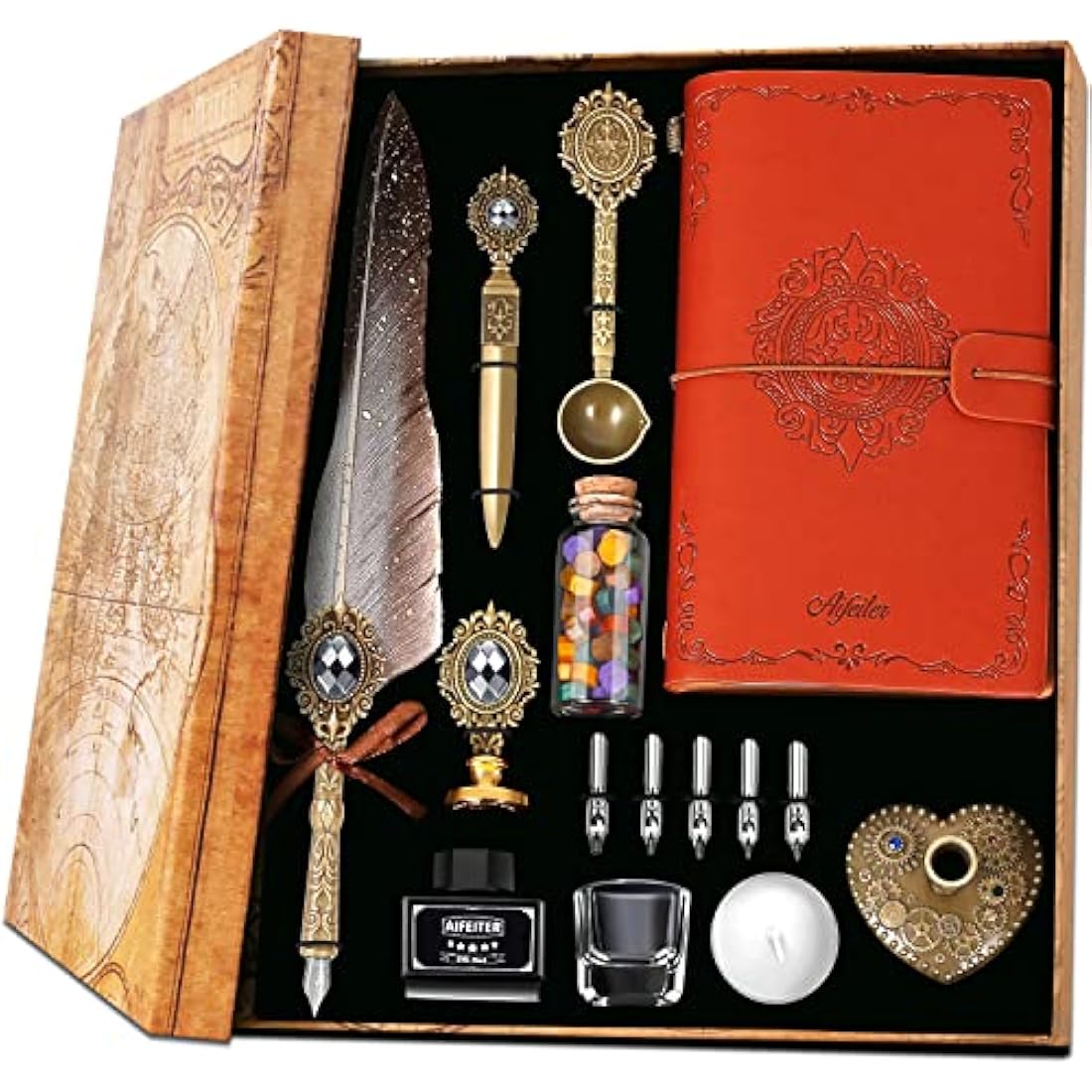 MPRINCE Feather Pen Ink Set,Includes Quill Pen,Notebook,Ink,5 Replaceable Nibs,Pen Holder,Cup,Seal Stamp,Spoon,Wax Bead,White Wax,Envelope & Letter Paper Etc-Grey