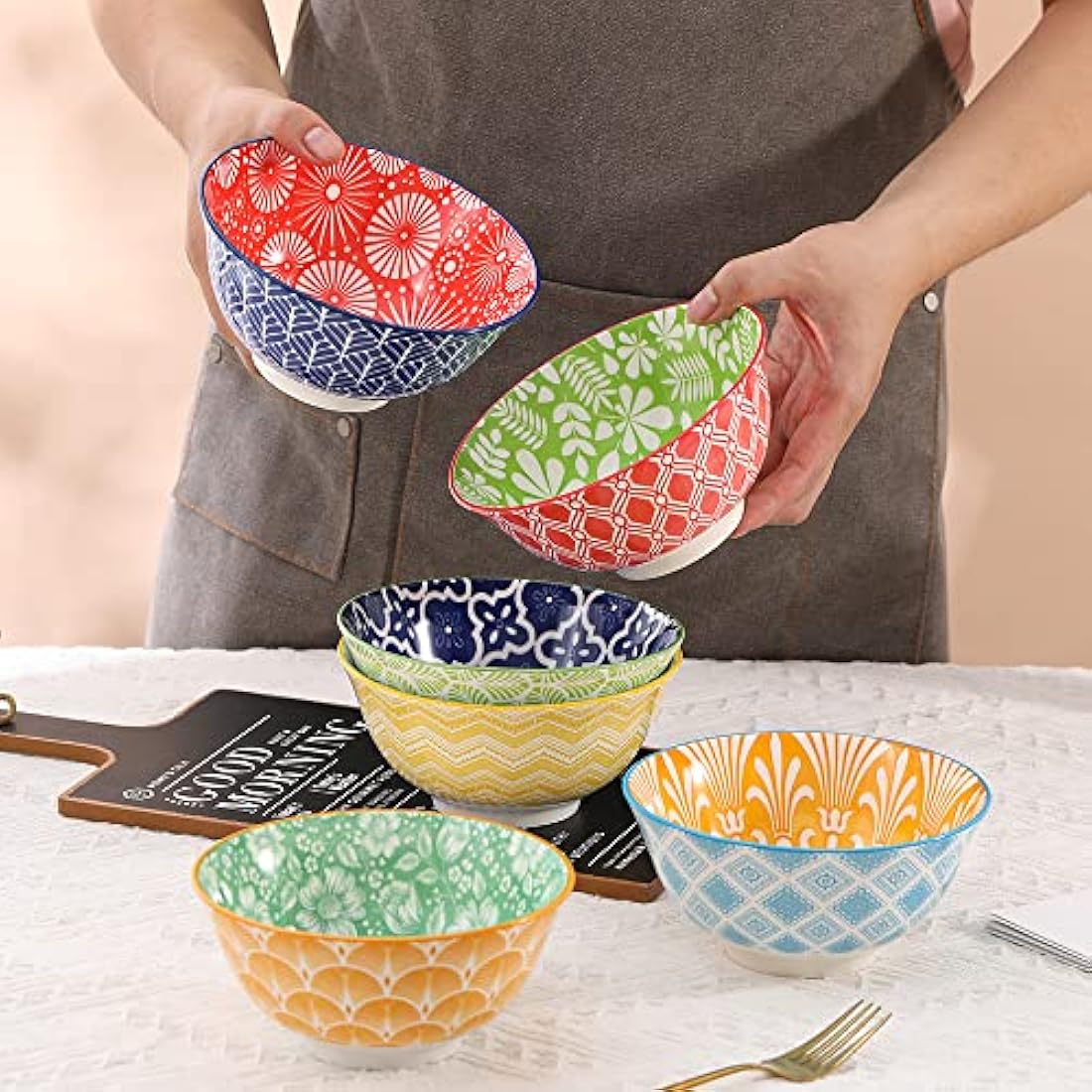 AHX Cereal Bowls Set of 6-700 ml Colorful Ceramic Deep Soup Bowls - Ideal for Serving Breakfast, Oatmeal, Ramen, Pho, Noodle - Microwave and Dishwasher Safe