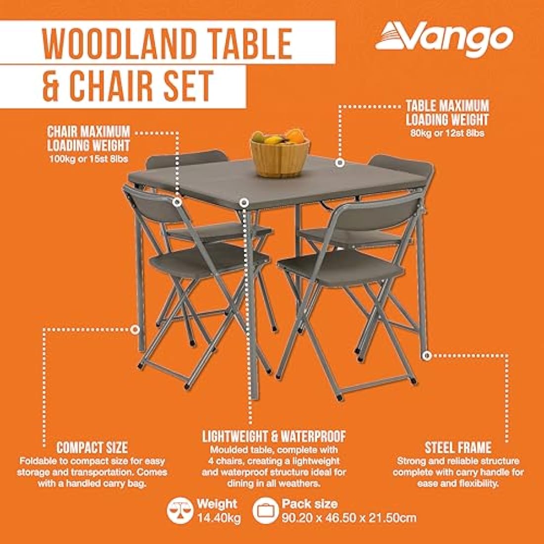 Vango Woodland Folding Camping Table and Chairs Set - Steel Frame, Collapsible, Portable with Carry Bag Ideal for Picnics, Campsite, Fishing, Beach, Garden Furniture
