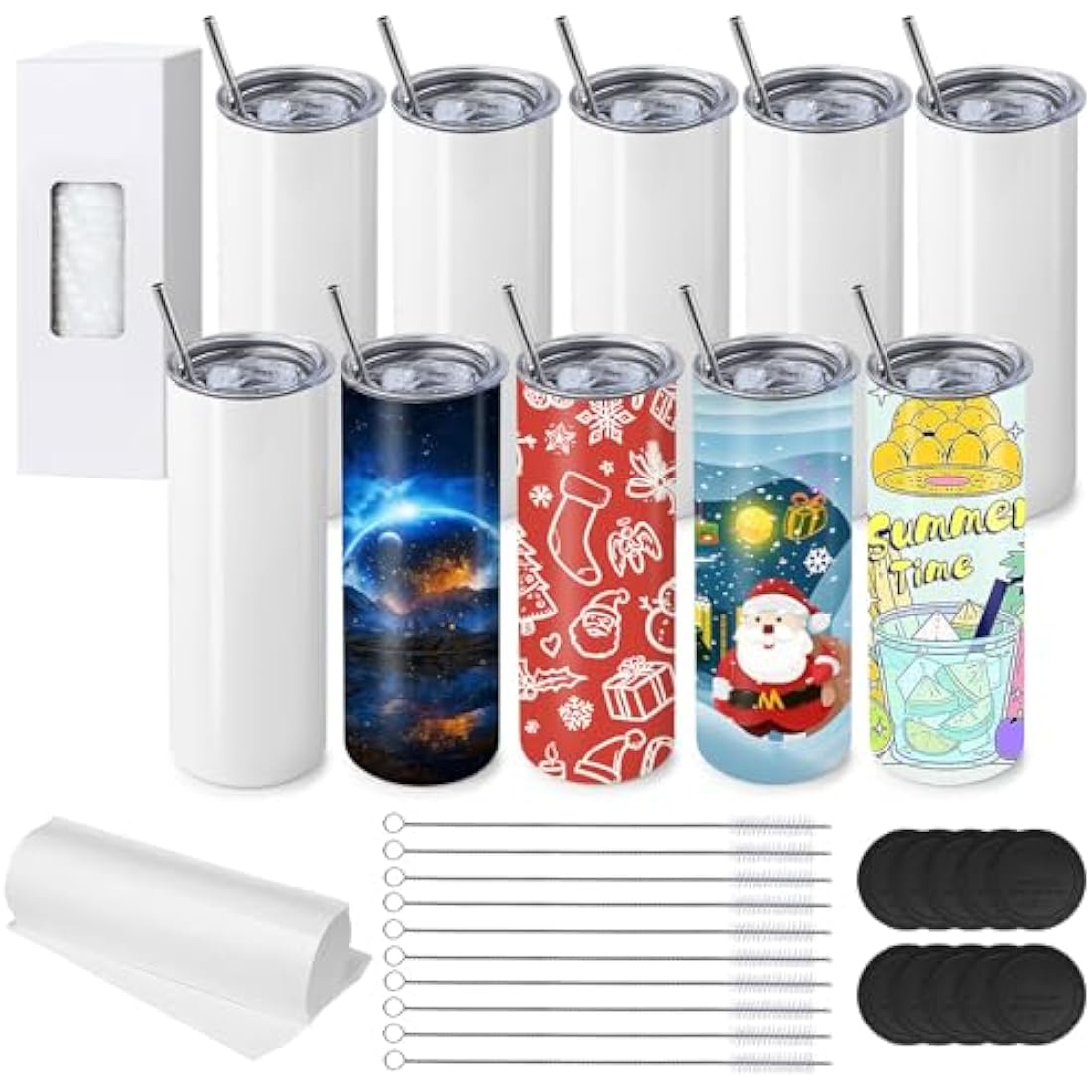 10 Pack Sublimation Tumblers Bulk, 20 oz White Skinny Straight Cups for Heat Press, Stainless Steel Double Wall Insulated Tumbler with Lids, Metal Straws, Shrink Wrap, Cleaning Brush, Individually Box
