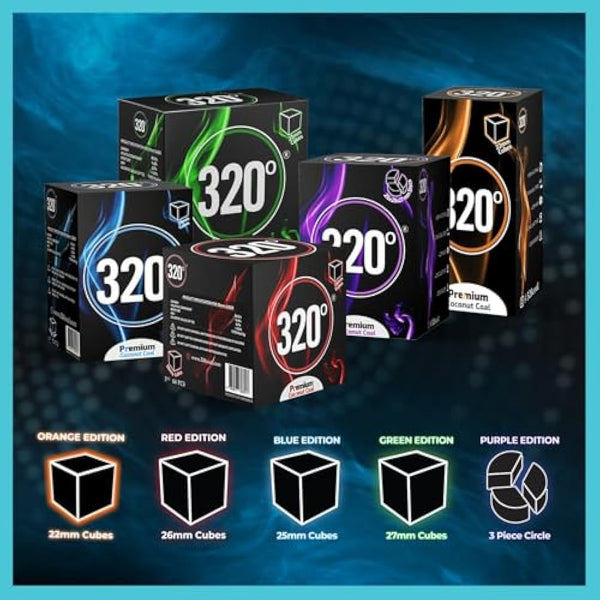 320° Premium Shisha Coconut Charcoal Coal (26mm Cube) for Hookah BBQ - 1 kg - 64 Pieces Nicotine Free