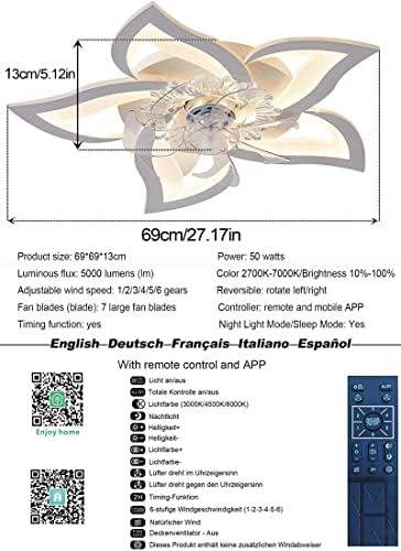 AiPaiTe Quiet Ceiling Fan with Lighting, Modern LED dimmable Ceiling Fan Lighting with Fan Bedroom Pendant Light, 5 Light Design for Bedroom Kitchen Dining Room Super Ceiling Fans with Lamps-69cm