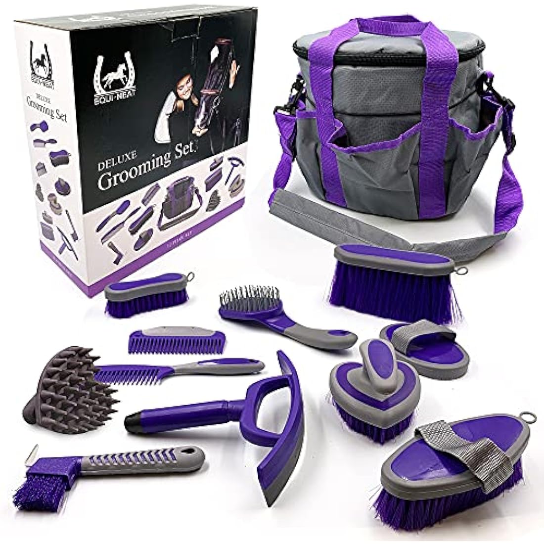Equi-Neat Horse Grooming Kit – 12 Pieces Equestrian Grooming Gift Set that Includes All Types of Horse Hair Brush, Curry Comb, and Hoof Pick with a Multipurpose Horse Grooming Bag