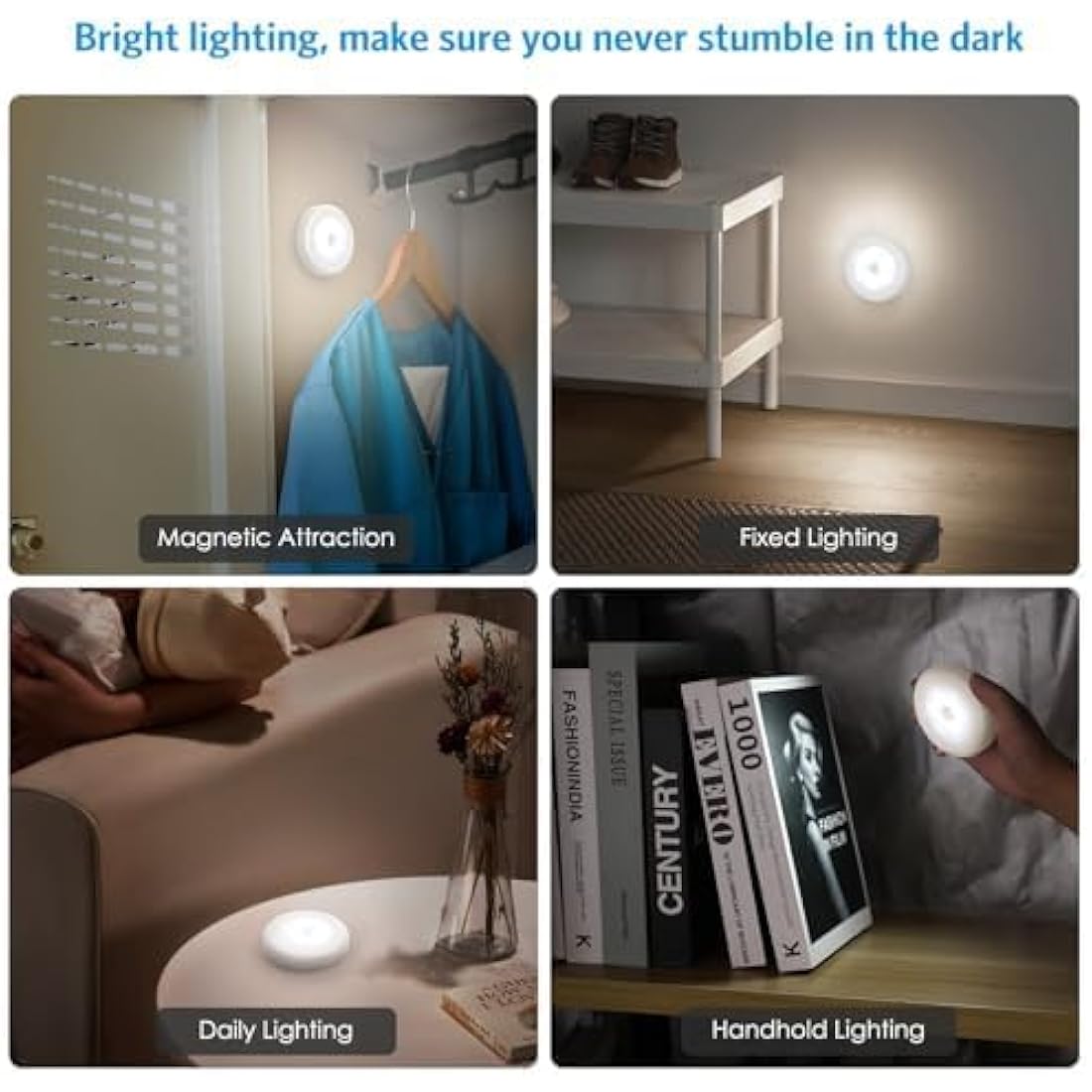 AMIR Motion Sensor Light, 3 Pack Stick-On Cabinet Night Light, Battery Powered Stair Lights with Adhesive Pads, Under Cabinet Lights for Wardrobe, Cupboard, Closet, Hallway, Kitchen, Stairs, White