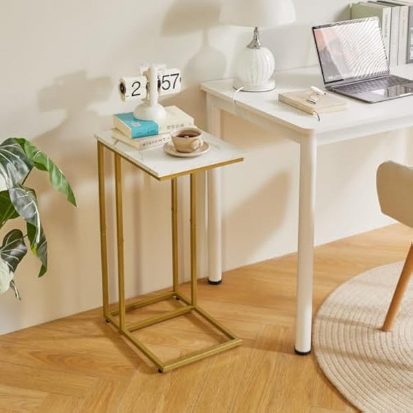 Aibiju C Shaped Side Table, End table, Laptop Holder Table for Study, Work, Industrial for Small Space,Living Room, Bedroon, Metal Frame, Modern, White Faux Marble and Gold Metal Frame, YD-TM051G