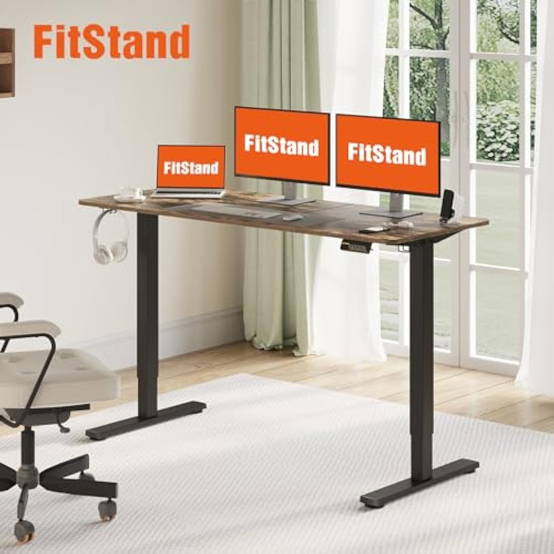 FitStand FQ1 140x60cm Electric Height Adjustable Standing Desk, Sit Stand Desk, Computer Desk With Hooks, Child Lock, Memory Function, Suitable For Office And Home - Rustic Brown