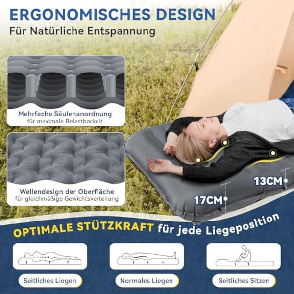 HIKENTURE Self-Inflating Sleeping Mat, 13 cm Ultra Thick Sleeping Mat Camping with Cushion, Inflatable Air Mattress, Small Pack Size, Ultralight Sleeping Mat with Foot Pump for Outdoor, Hiking, Tent -