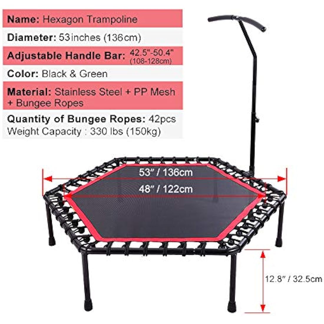 ONETWOFIT 45"/48"/51" Silent Mini Fitness Trampoline with Adjustable Handle Bar Fitness Trampoline Bungee Rebounder Jumping Cardio Trainer Workout for Adults or Kids