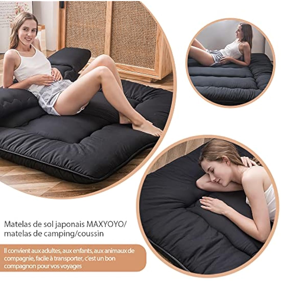 MAXYOYO Japanese Floor Futon Mattress - Folding Futon Mattress Single Quilted Bed Mattress for Guest Travel and Camping (Black, 150 x 200 cm)