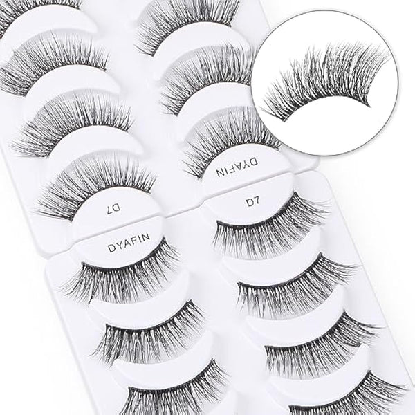 DYAFIN Natural Eyelashes 100% Handmade Lashes Reusable Soft False Eyelashes Lightweight Eye Lashes with Clear Band 3D Fake Eyelashes Long Wispy Eyelashes C Curl Lashes 8 Pairs