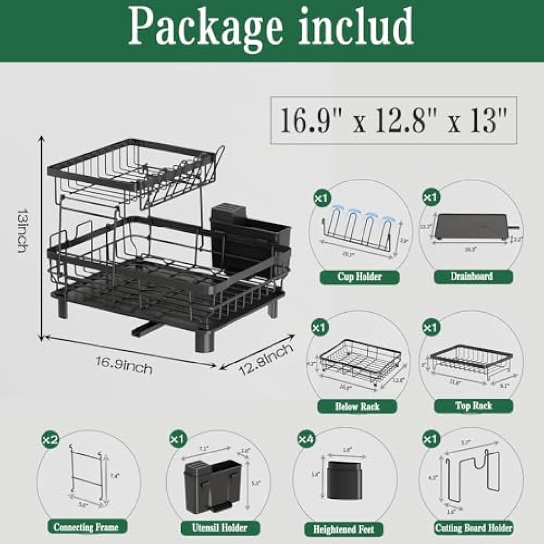 2 Tier Dish Drainer Rack for Kitchen with Drip Tray, Sink Drainer with 360° Swivel Drainage Spout, Dish Drying with Cups, Utensil & Cutting Board Holders for Kitchen Counter Space-Saving, Black