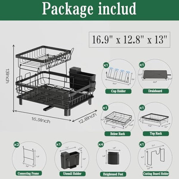 2 Tier Dish Drainer Rack for Kitchen with Drip Tray, Sink Drainer with 360° Swivel Drainage Spout, Dish Drying with Cups, Utensil & Cutting Board Holders for Kitchen Counter Space-Saving, Black
