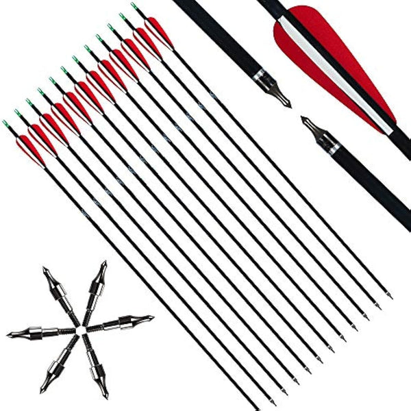 Huntingdoor 12Pcs 30 inch Archery Carbon Arrows Spine 550 Hunting Targeting Arrows with Replaceable Broadhead for Recurve Bow Compound Bow Target Practice