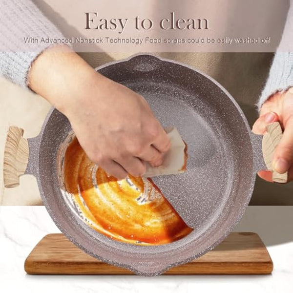 AIKENBBKK 2-in-1 Ceramic Nonstick Deep Frying Pan Skillet, 32cm Frying Pan with Lid Healthy Ceramic Non-Stick Coating, PFOA/PTFE-Free- Brown
