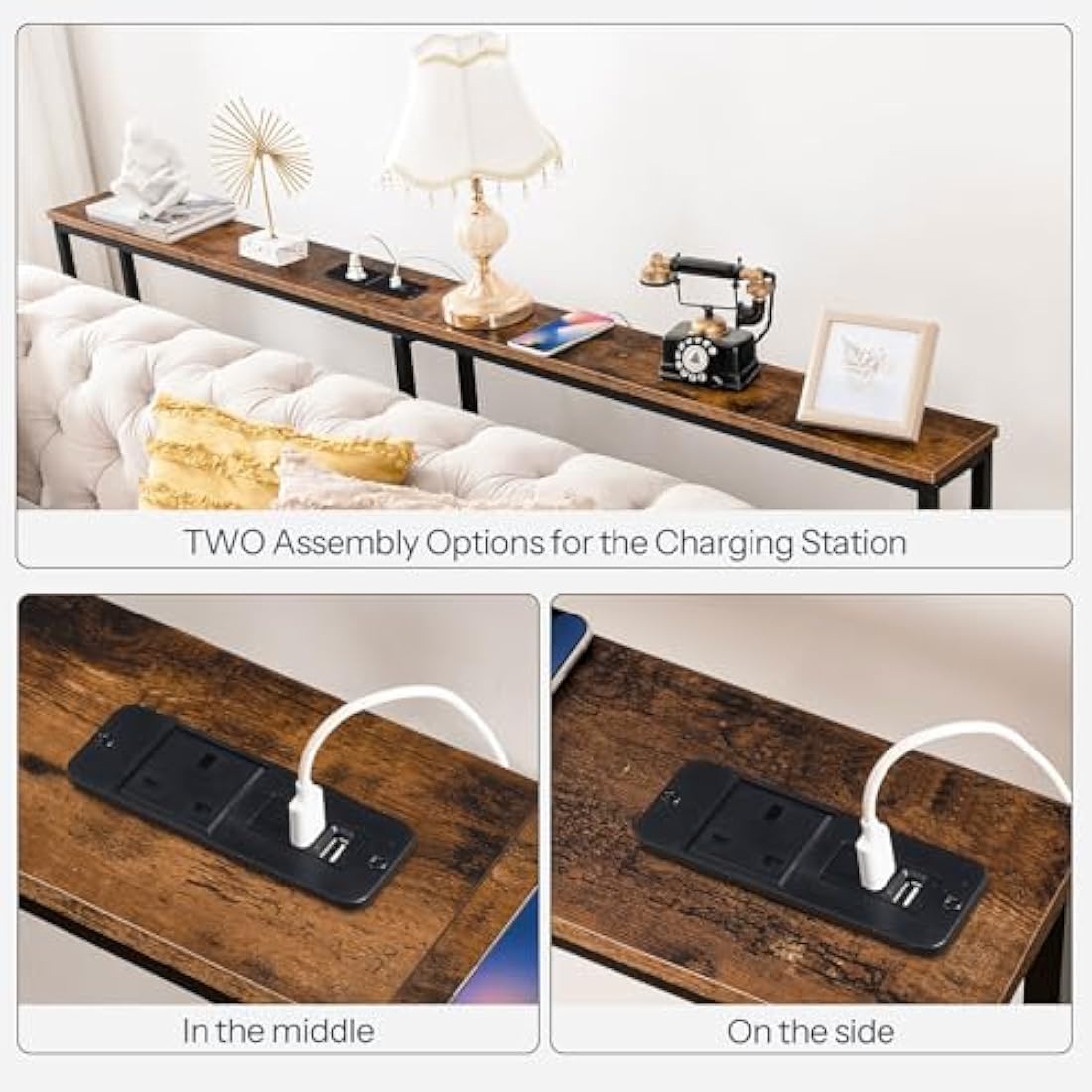 HOOBRO Narrow Console Table with Charging Station, 160 cm Behind Sofa Couch Table, Long Hallway Table, Slim Console Table for Hallway, Entryway, Living Room, Rustic Brown and Black EBF165KXG01