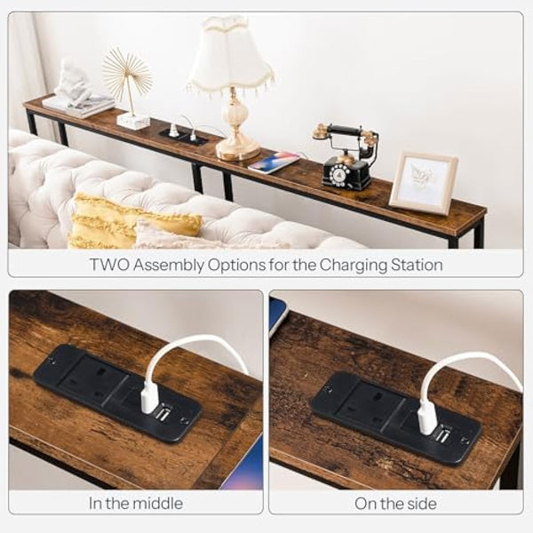 HOOBRO Narrow Console Table with Charging Station, 160 cm Behind Sofa Couch Table, Long Hallway Table, Slim Console Table for Hallway, Entryway, Living Room, Rustic Brown and Black EBF165KXG01