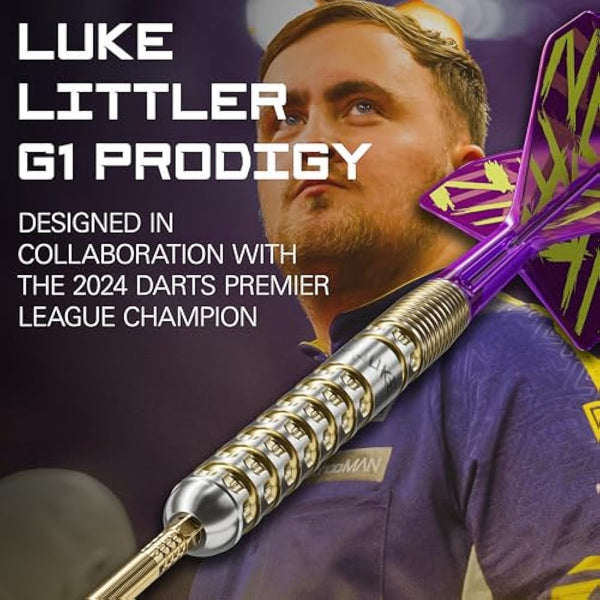 TARGET Darts Luke Littler Gen 1 Prodigy Steel Tip Swiss Point Darts, 90% Tungsten Darts, 22G/23G/24G | Generation 1 Gold Steel Tip Darts, G1 Player Edition Swiss Points Dart Sets, Flights and Shafts
