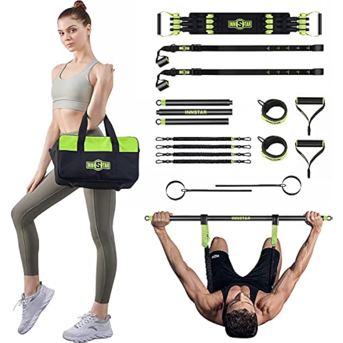 INNSTAR Upgraded Portable Home Gym 5.0, Adjustable Bench Press Resistance Bands,Full Body Workout Strength Training Equipment with Detachable Fitness Bar, Handles,for Home,Travel,Gym