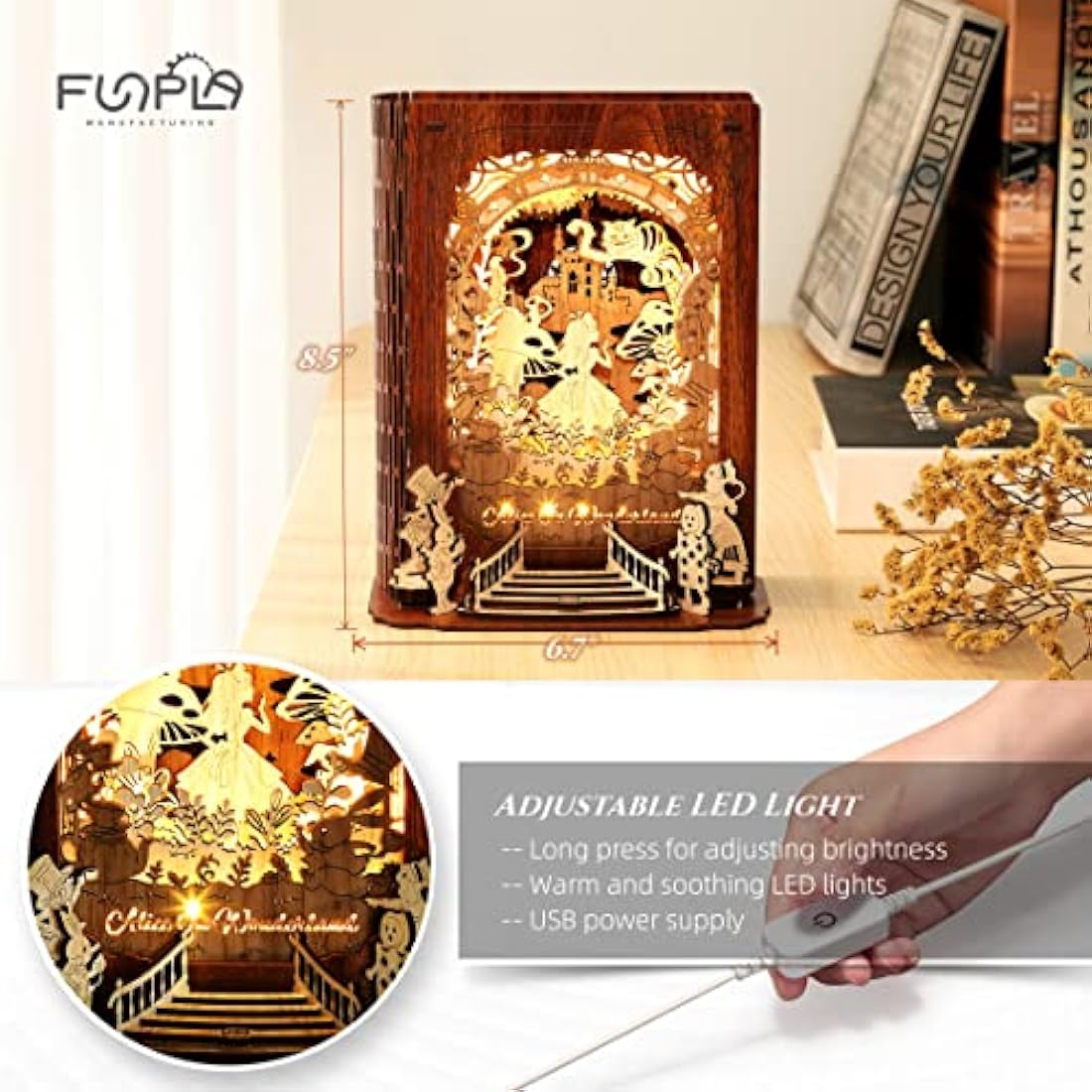 FUNPOLA Alice in Wonderland 3D Puzzle Nightlight – DIY 3D LED Book Lamp – 3D Wood Puzzles Décor Lamp for Kids and Adults