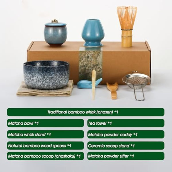 DiDiBirDi Matcha Tea Set 9 Pcs，Japanese Ceramic Bowl，Matcha Whisk (Chasen), Scoop (Chashaku), Stainless Steel Sifter，Whisk Holder,Tea Powder Caddy