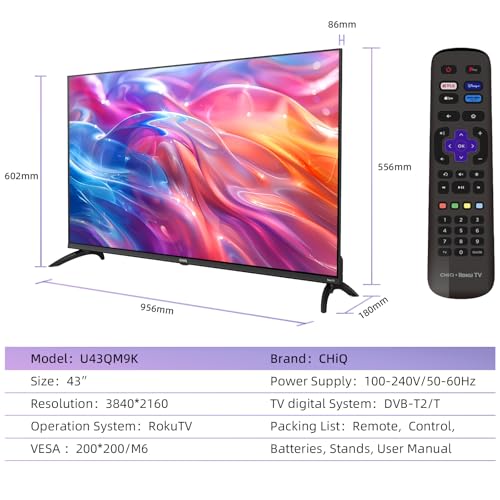 CHiQ U50QM9K 50 inch Smart QLED Roku TV, 4k UHD, HDR10 HLG, Dolby Audio, Works with Alexa, DVB-T/T2, Support Apple Air-Play, Google Assistant, Prime Video, HDMI2.1, USB2.0