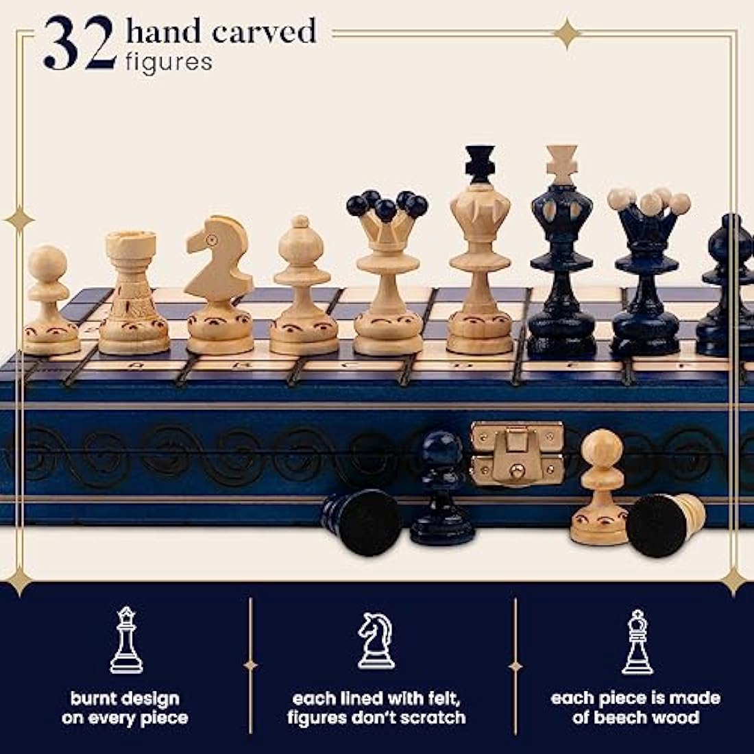 Master of Chess Wooden Chess Set 35 cm / 13.8 in - European Handmade Travel Chess Board Sets - Blue Portable Chess Set for Adults and Kids
