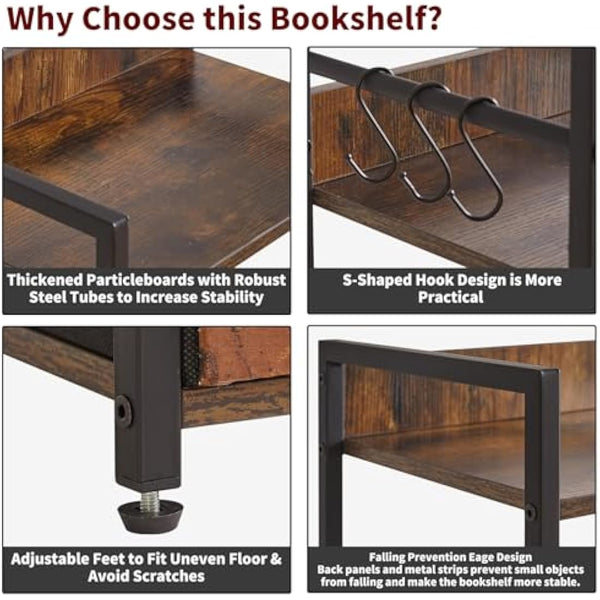 Aibiju Shelf Bookcase, 5-Tier Industrial bookshelf with Fabric Cloth drawers, Free Standing Shelf for Living Room, Bedroom, Kitchen,Office,Steel Frame, Rustic Brown YD-BC001H